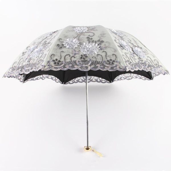

umbrellas folding umbrella embroidered lace double black plastic tri-fold anti-uv sun multiple colors optional