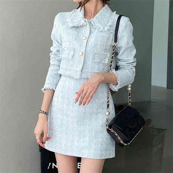 

female elegant skirt suits autumn tweed two piece set women outfits crop mini skirt set vetement femme 210825, White