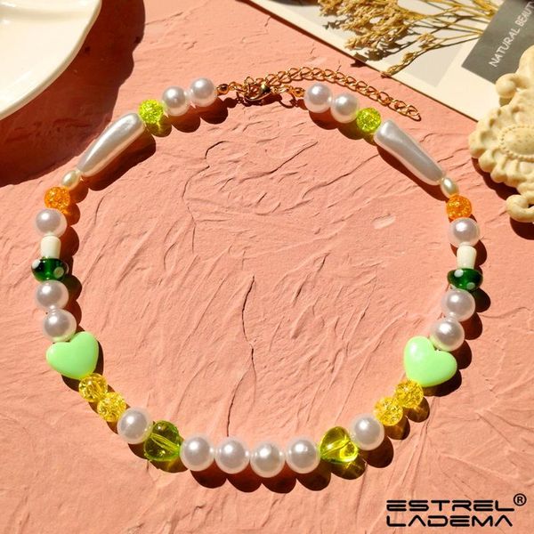 

chains korean candy color mushroom irregular pearl beaded necklace for women bohemian heart shiny crystal beads jewelry gifts, Silver