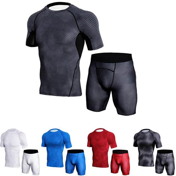 

men's tracksuits polyester quick-drying fitness tracksuit high stretch tight sport set snake printed t-shirt and shorts mens two piece, Gray