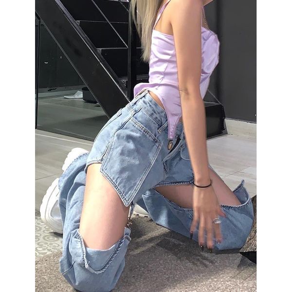 

women's jeans y2k streetwear vintage high waist ripped shorts push up for woman trousers denim wide-legged pants plus size, Blue