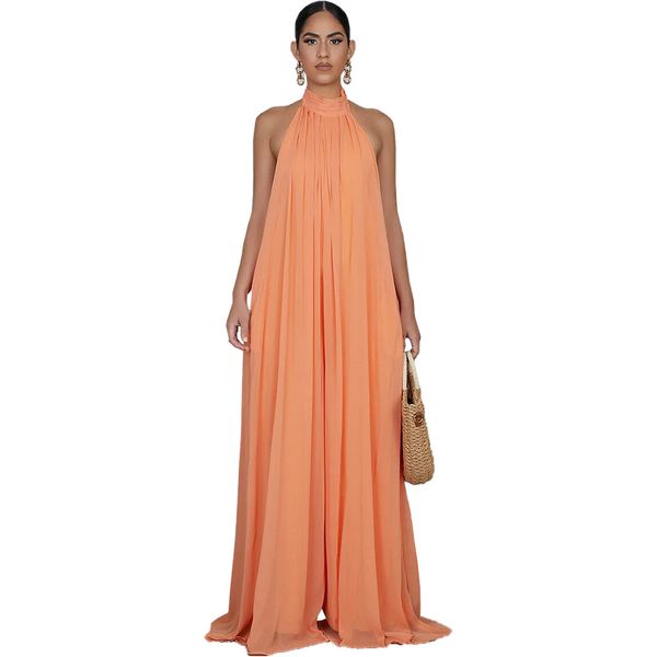 

cm.yaya women summer sleeveless open back halter neck loose beach jumpsuit high streetwear boho long romper one piece overall, Black;white