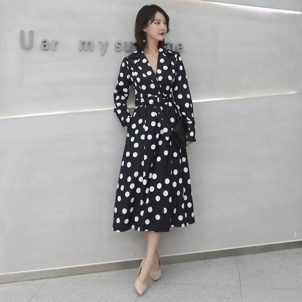 

casual dresses l-5xl big size print polka dot dress women long sleeve corset korean ladies black midi plus robe, Black;gray