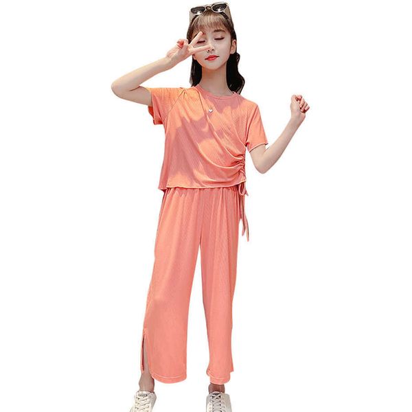 

girls clothes tshirt +pants for summer teenage casual style children's tracksuit 6 8 10 12 14 210528, White