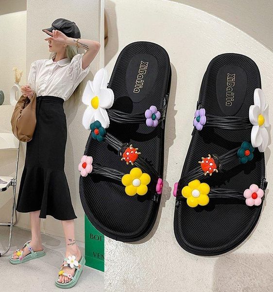 

slippers 2021 women's summer flower pattern fashion non-slip flat outdoor beach sandals ladies casual home, Black