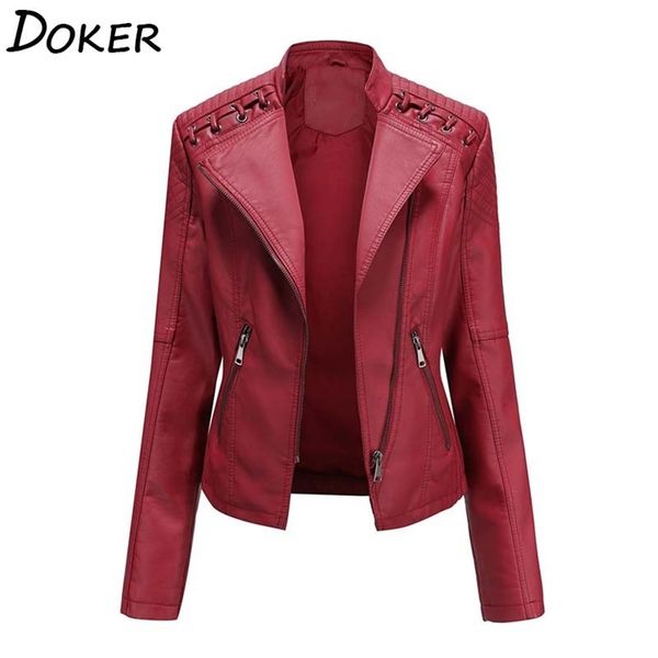 

autumn winter pu faux leather jacket long sleeve zipper slim motor biker coat female outwear 211118, Black