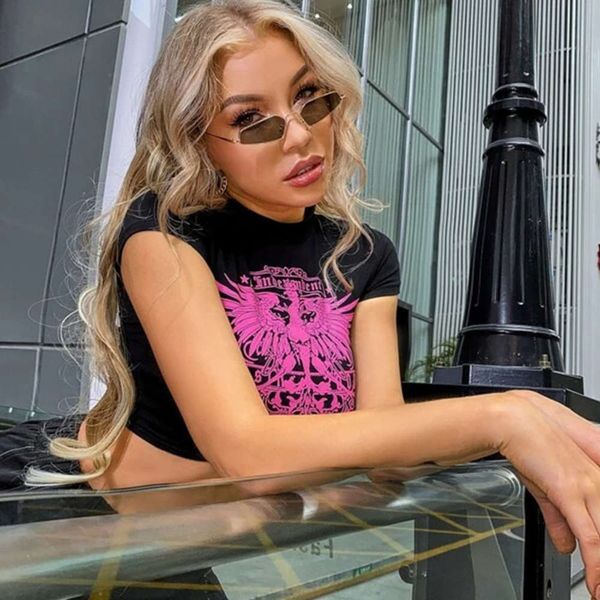 

2021 spring new ins women's slim open navel hip hop print short sleeve t-shirt, Black;gray