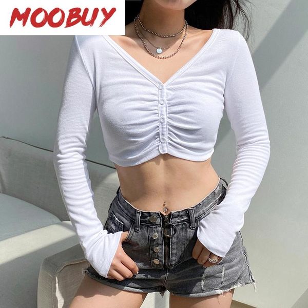 

women's t-shirt short white crop ribbed knitted button pleated v-neck long sleeve casual streetwear chic cardigan cotton tees women