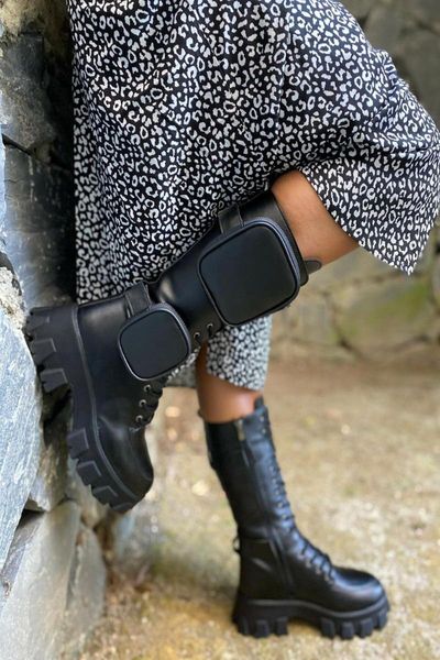 

boots women shoes motorcycle platform heel pu leather black winter fashion detachable pockets water resistant casual