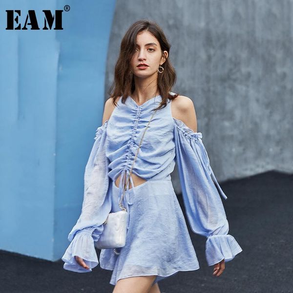 

women's jumpsuits & rompers [eam] loose fit women blue drawstring hollow out off shoulder playsuits high waist pants fashion spring sum, Black;white