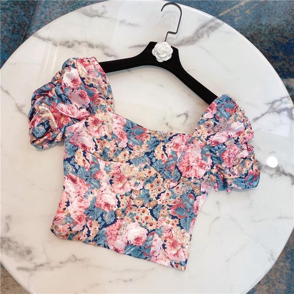 

women's blouses & shirts crop women 2021 spring and summer retro temperament flower print shirt puff sleeve short navel printed blouse, White