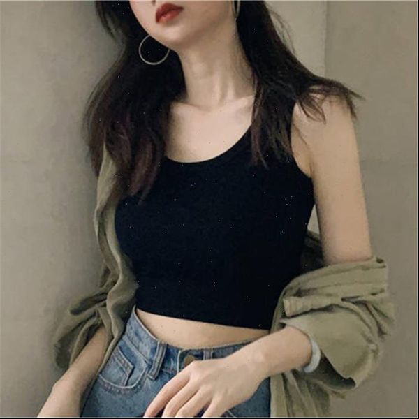 

white knitted round neck women tank t shirt sleeveless camisole crop woman tight stretch ladies tee streetwear