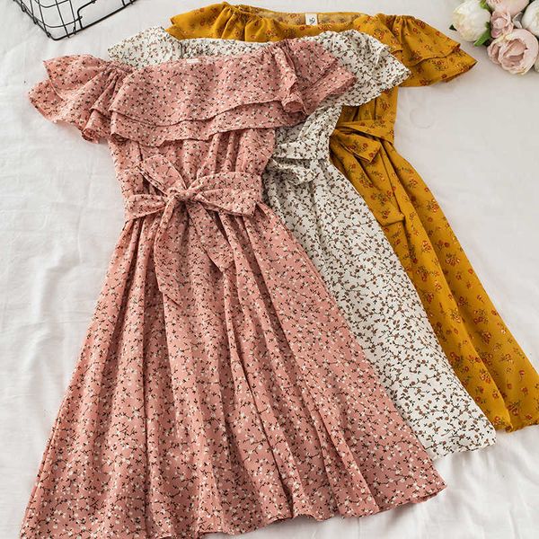 

holiday ruffled one-line neck strapless sweet floral waistband playful dress beach summer 210709, Black;gray