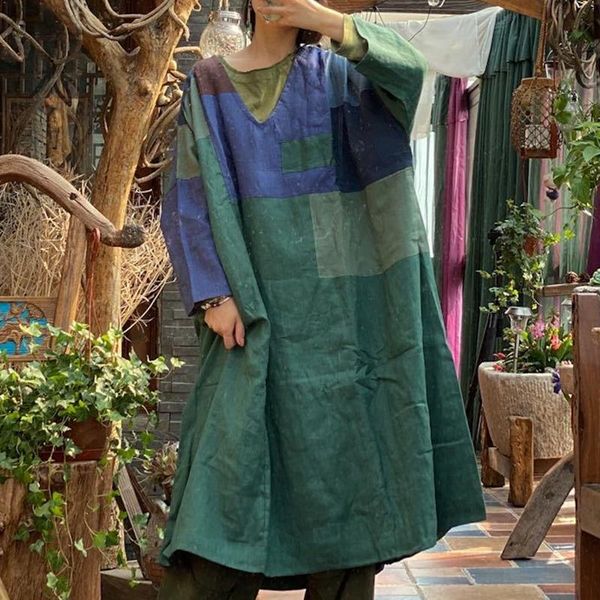 

johnature 2021 winter linen vintage dress women v-neck loose long sleeve plus size patchwork green casual retro dresses, Black;gray
