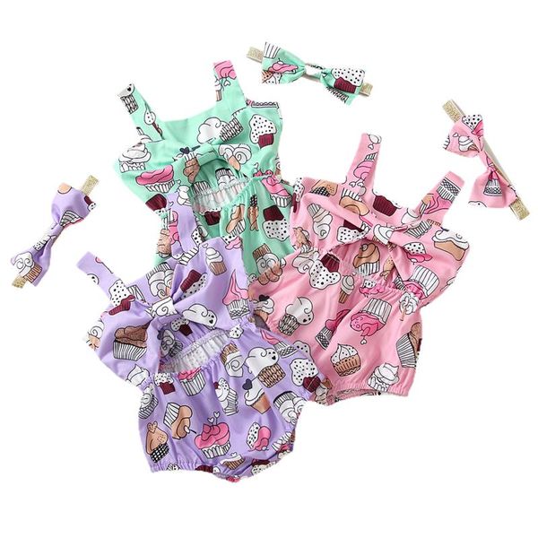 

jumpsuits baby girls two-piece clothes set cartoon printed pattern sleeveless square collar romper and headdress, Blue