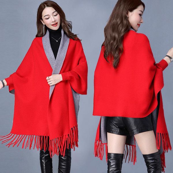 

scarves women winter poncho capes 2021 wearable shawls and wraps for ladies warm scarf stoles thick pashmina reversible, Blue;gray
