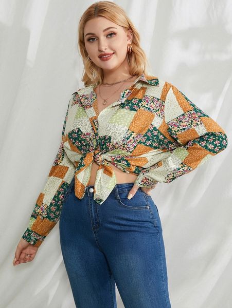 

plus patchwork print blouse 02bm#, Black