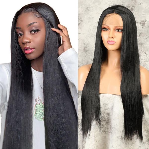 

synthetic wigs 180% density 26 inch long silky straight natural black lace front wig for women daily cosplay heat resistant soft