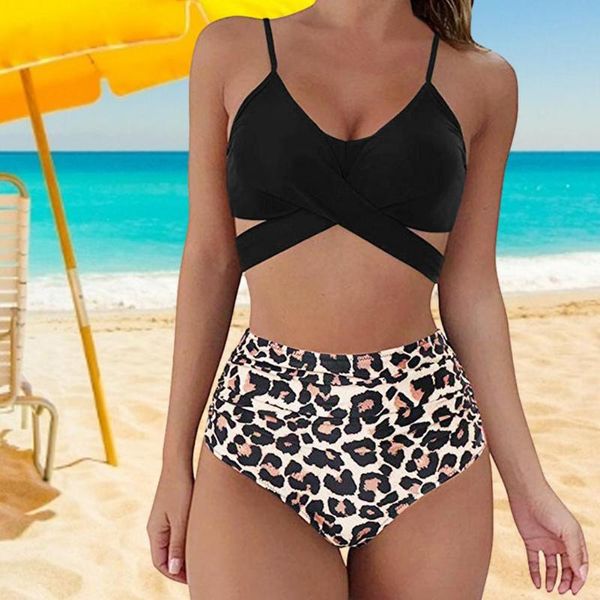 

one-piece suits outdoor travel swimming pool ladies swimsuit cross high waist split two-piece bikini full cover
