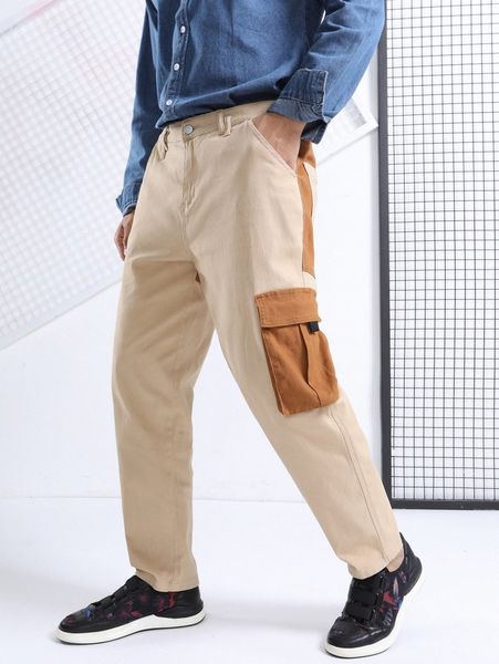 

men color block cargo jeans s34p#, Blue