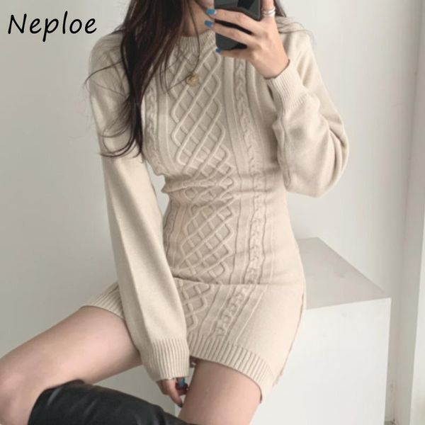 

casual dresses neploe slim bodycon knitted dress women korean ins autumn temperament round neck robe diamond pattern open back vestidos, Black;gray