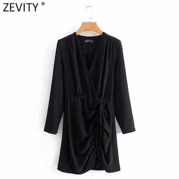 

zevity women vintage v neck black pleated mini dress lady long sleeve side zipper casual slim short business vestido ds4767 210603, Black;gray