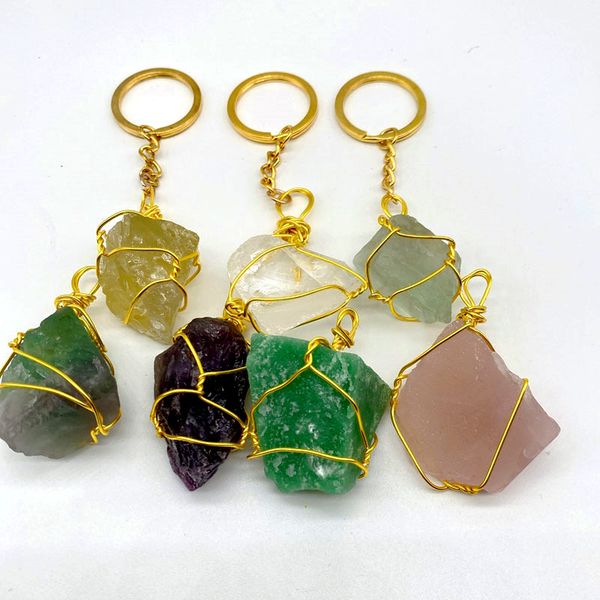 

irregular colorful natural crystal stone handmade gold plated key rings keychains for women men fashion decor jewelry, Slivery;golden