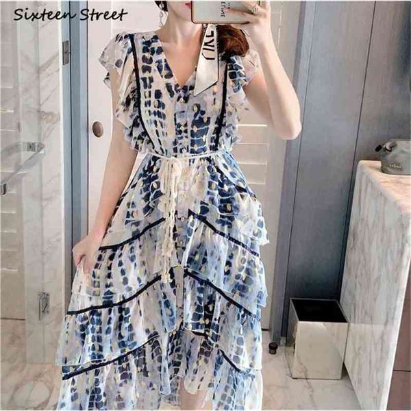 

summer vintage blue dress woman printed chiffon v-neck vestido clothing high waisted single-breasted party dresses female 210603, Black;gray