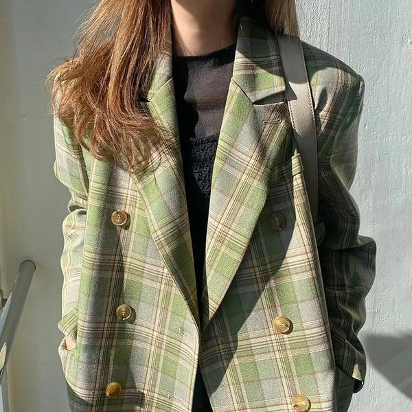 

women's suits & blazers 2021 women autumn causal loose plaid blazer jacket, White;black