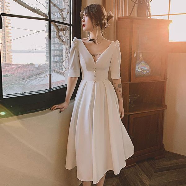 

ethnic clothing white evening dress female banquet temperament vestidos de festa v-neck prom 2021 french style birthday party, Red