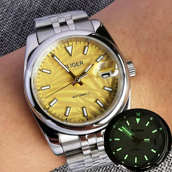 

wristwatches bliger 36mm/39mm dress yellow palm watch dial nh35a automatic wristwatch jubilee bracelet luminous index sapphire crystal, Slivery;brown