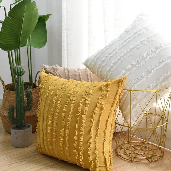 

cushion/decorative pillow fabric throw square solid color cotton linen back with cut flowers tassel sofa cushion living room