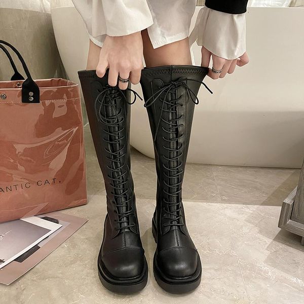 

boots knee high platform women shoes pu leather thick sole long cross tied slim chunky thigh mujer, Black