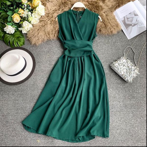 

summer arival v neck women dresses sleeveless french chic cross drawstring slim waist vestidos 43690, Black;gray