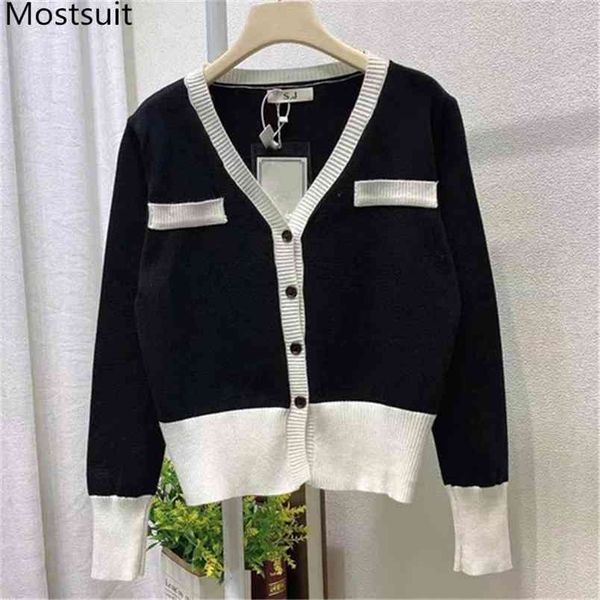 

color-blocked vintage knitted cardigan women full sleeve v-neck single-breasted sweater elegant korean fashion jumpers 210513, White;black