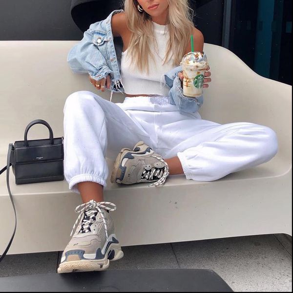 

thick thin womens pant casual loose sweatpants women solid high waist track pants capris pockets fashion long trousers streetwear, Black;white