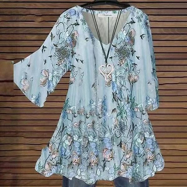 

women's plus size tunic blouse floral print 3/4 length sleeve v neck casual streetwear daily weekend acrylic fall spring green gray /, Black