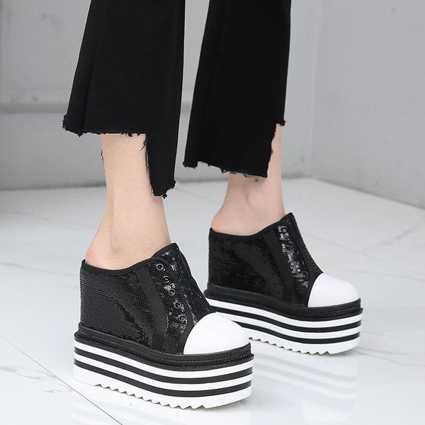 

fashion super high heel 13 cm thick bottom wedge shoes casual baotou sequins breathable comfortable slippers fs-17, Black