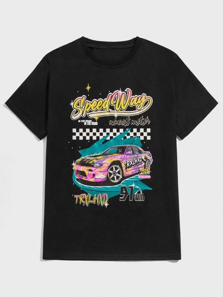 

romwe x beakprod guys car & letter graphic tee 605l#, White;black