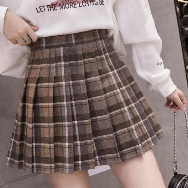 

skirts autumn and winter short skirt women 2021 tweed plaid pleated college high waist fashion large a-line, Black
