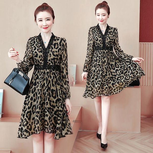 

casual dresses plus size dress women leopard ladies chiffon vestido de muje women's summer sundress long sleeve vestidos fiesta, Black;gray