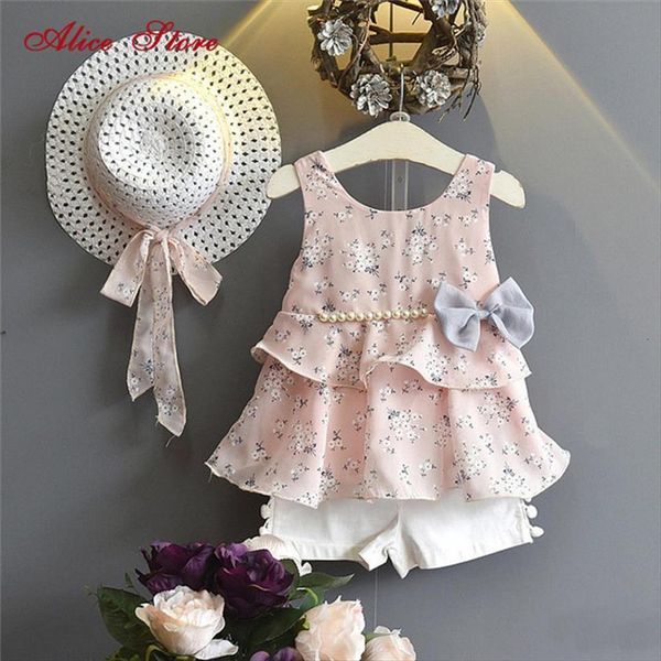

kids clothes summer fashion bow pearl chiffon girls clothing sets childrens sleeve floewer vest and shorts 2 pcs send hat, White