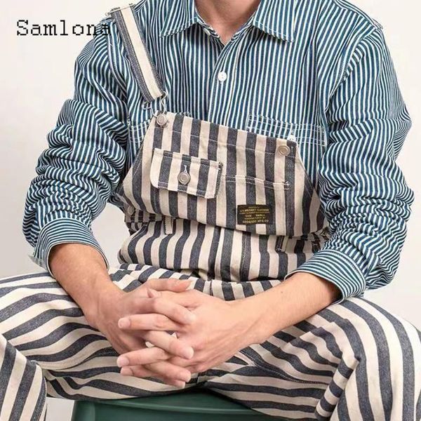 

men's pants samlona jeans claasic pocket design denim overalls suspending pantalons 2021 european style fashion stripes jumpsuits, Black