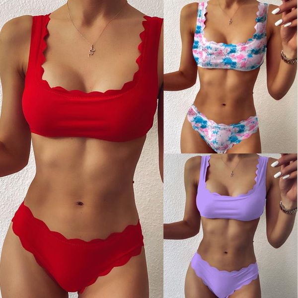 

women's swimwear floral scalloped bikini sets women solid mid-waist two pieces swimsuit 2021 beach bathing suits, White;black