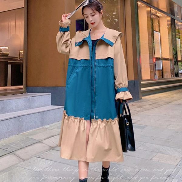 

women's trench coats [ewq] autumn winter 2021 chic long ruffle spliced contrast coat women hooded zipper windbreaker female khaki outwe, Tan;black