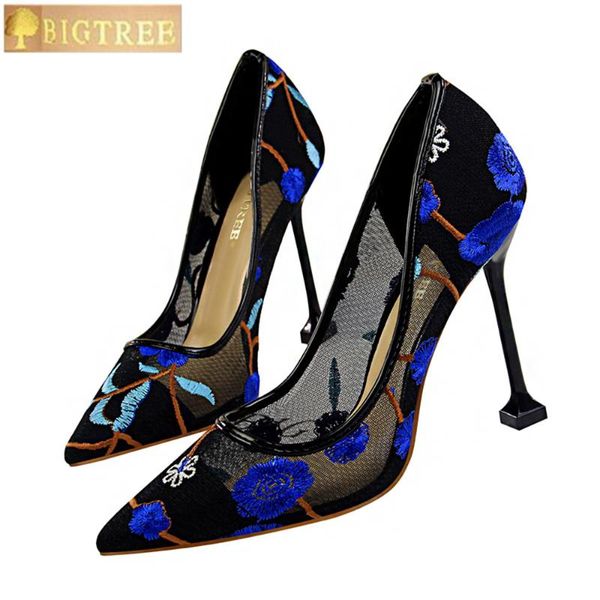 

dress shoes women pumps 10cm thin high heel shallow mouth pointed toe flowers spiraea lace mesh hollow nightclub women's, Black