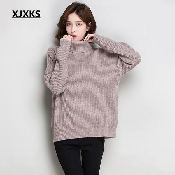 

women's sweaters xjxks solid color all-match 100% wool knitted sweater women pullover 2021 winter loose large size turtleneck, White;black