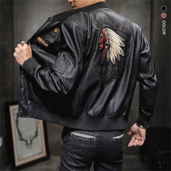 

men's leather jacket male outerwear spring autumn embroidery streetwear casual pu motorcycle jacket men clothing coat bf2035 211118, Black
