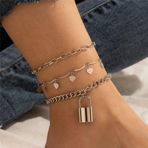 

anklets huatang 3pcs/set boho love heart lock pendant anklet set for women multilayer silver color cuban foot chain female beach jewelry, Red;blue