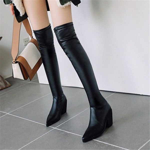 

PXELENA Plus Size 34 43 Slip On Thigh High Boots Women Chunky High Heels 2020 Spring Autumn New Slim Over The Knee Boots Shoes Cheap Shoes Online Shoe C4hq#, Red flock